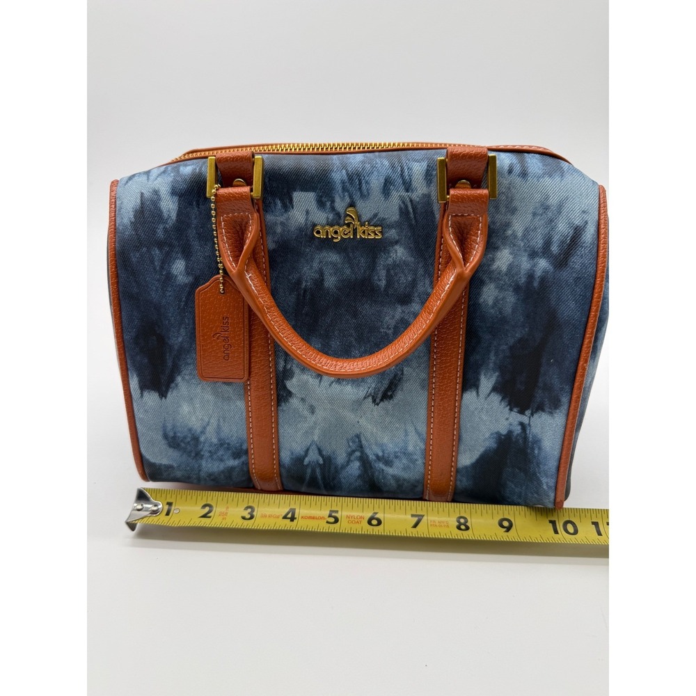 Angel Kiss Satchel Handbag Blue Tie Dye Denim Print Cognac Brown Trim Gold Tone - Picture 9 of 13
